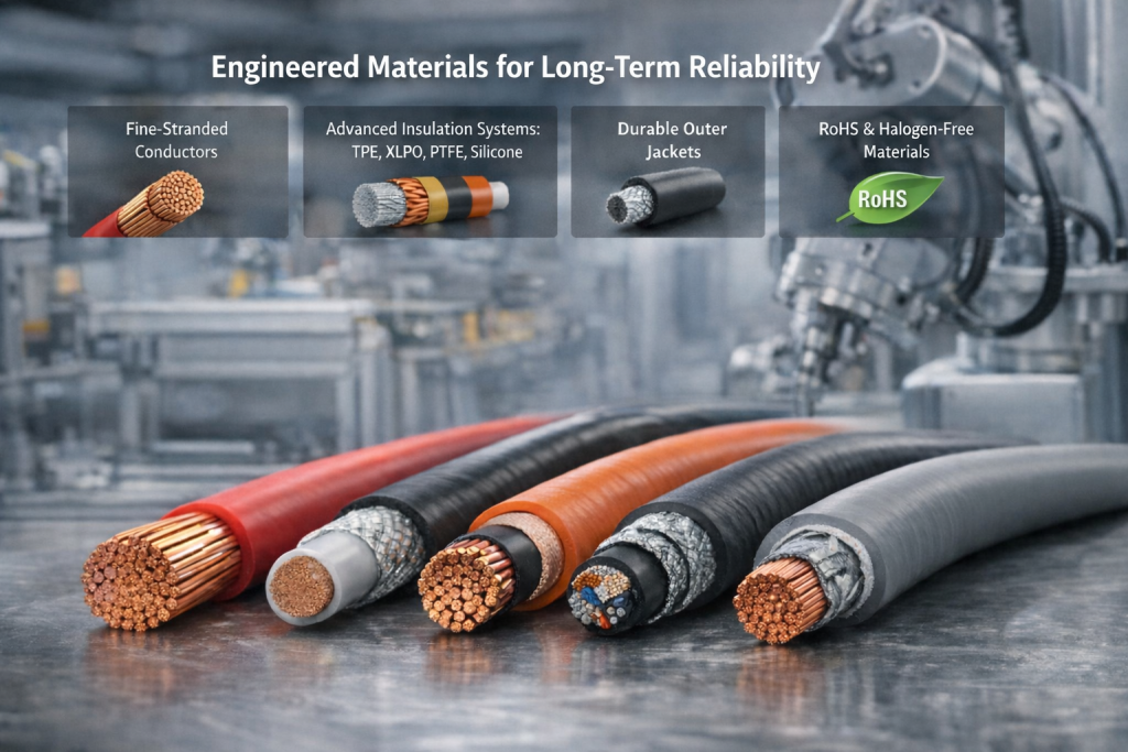 Cutaway view of robotic cables showing fine-stranded copper conductors, PTFE, TPE, XLPO and silicone insulation layers, and abrasion-resistant outer jackets in an industrial automation environment