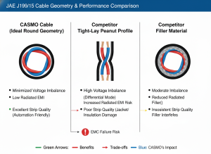 Three-part comparison of J1939/15 cable cross-sections: ideal round geometry (CASMO Cable), tight-lay peanut-shaped profile (competitor, EMC failure risk), and figure-eight profile (competitor with filler material) - showing how geometry directly impacts voltage imbalance, radiated EMI, and harness automation strip quality