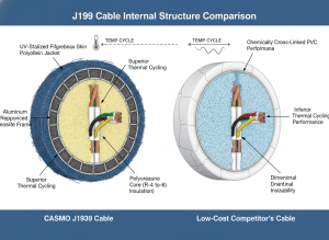 Detailed cross-section diagram of CASMO J1939 cable internal structure showing UV-stabilized fiberglass skin, polyurethane foam core (R-4 to R-6 insulation), aluminum-reinforced composite frame, and irradiation cross-linked polyolefin jacket - compared with low-cost competitor's chemically cross-linked PVC showing inferior thermal cycling performance and dimensional instability
