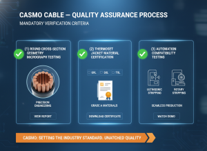 Interactive checklist diagram showing CASMO Cable's three mandatory verification criteria: (1) Round cross-section geometry micrograph testing, (2) Thermoset jacket material certification (GXL/SXL/TXL), (3) Automation compatibility testing on ultrasonic and rotary stripping equipment - demonstrates CASMO's quality assurance process and differentiates from competitors