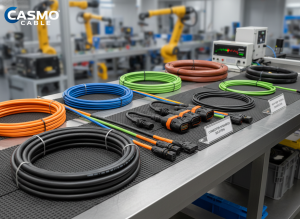 CASMO Cable's complete J1939 product lineup featuring J1939-11 shielded twisted pair cables (STP), J1939-15 unshielded twisted pair cables (UTP) in GXL/SXL/TXL variants, high-temperature variants for mining and construction, and connector-integrated solutions - all manufactured to SAE J1128 thermoset standards with -40°C to +125°C durability and full automation compatibility