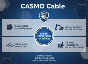 CASMO Cable contact and inquiry call-to-action graphic featuring qualified J1939 engineering support, SAE J1939-11 and J1939-15 cable specifications, custom solution development for Class 8 chassis and off-highway vehicles, and direct supply from US-based manufacturing with aerospace-grade quality standards - button to request application consultation or product samples