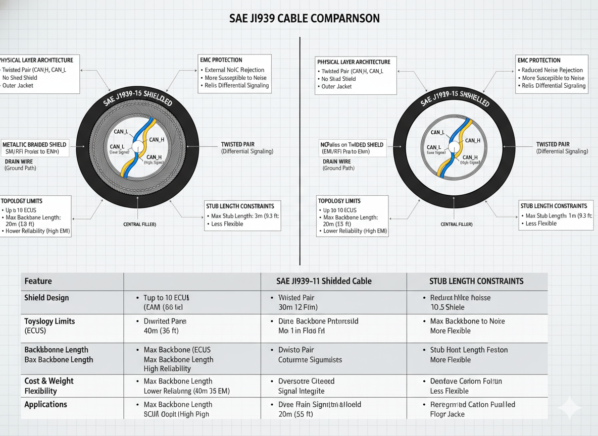SAE J1939-11 shielded CAN cable versus J1939-15 unshielded cable comparison showing physical layer architecture, shield design, EMC protection, topology limits (30 ECUs vs 10 ECUs), and stub length constraints for heavy-duty vehicle network selection - complete technical guide